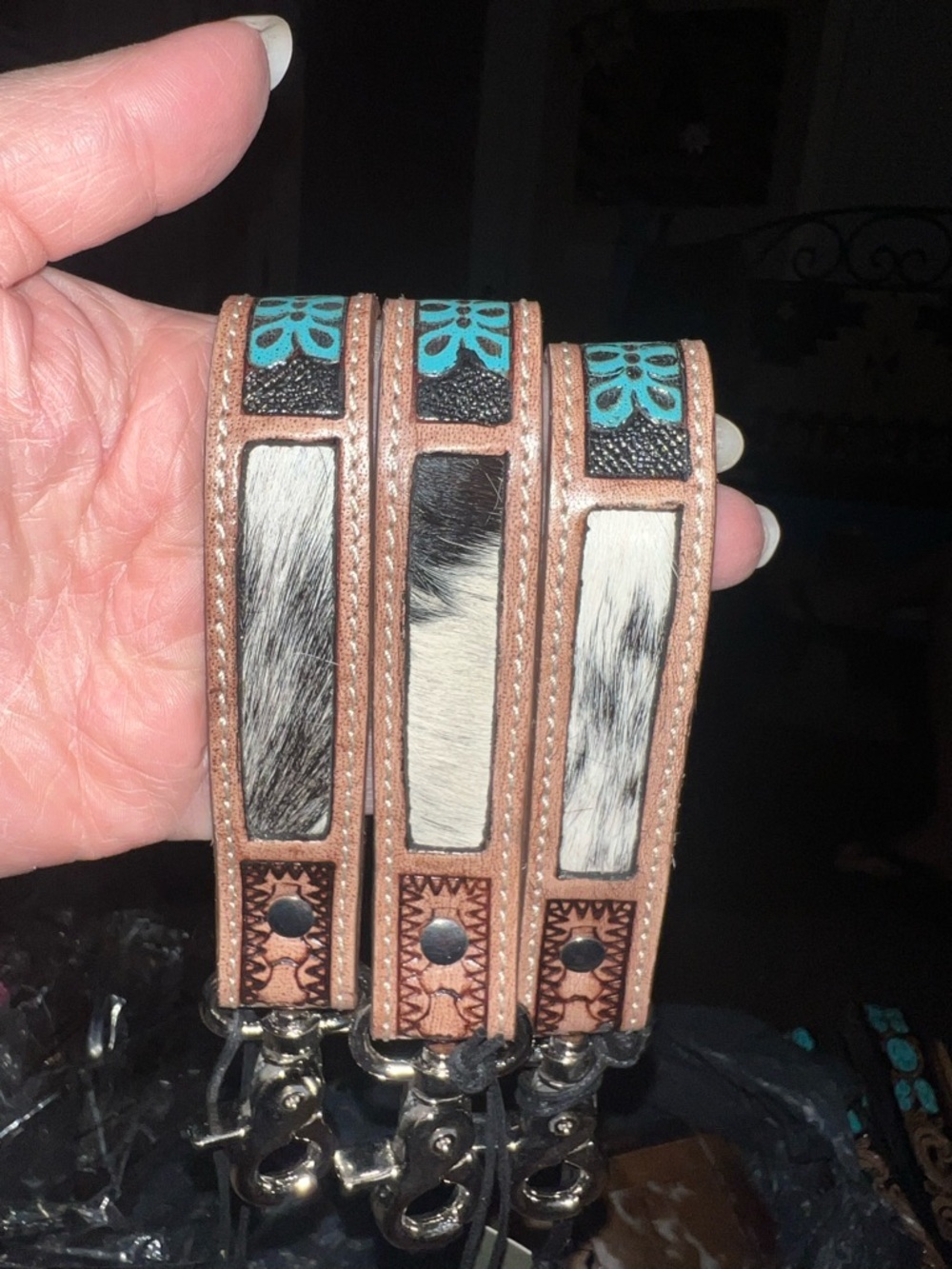 Myra Bag Brown Leather Wristlet Straps with Turquoise Accents and Cowhide Panels